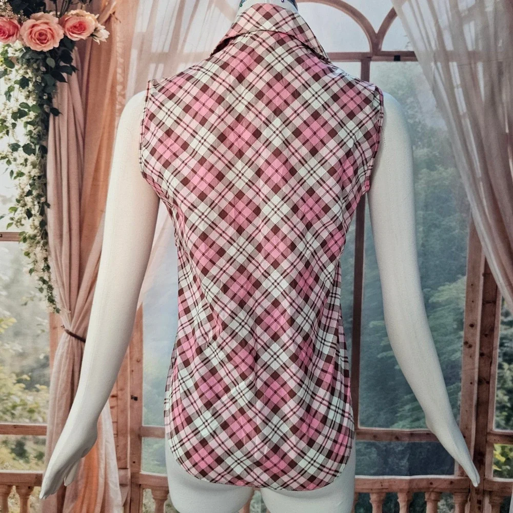 Vintage 1970s Pink Brown Plaid Sleeveless Button Down Shirt Pointed Collar - Picture 9 of 10
